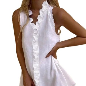 Nouvelles robes décontractées pour femmes en coton et lin, couleur unie, à volants, tendance - Product Image 6