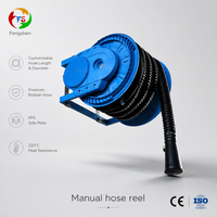 Carrete de manguera de escape manual con aprobación CE, boquilla de boca de campana, anillo azul y unión de tambor atornillada para garajes y fábricas
