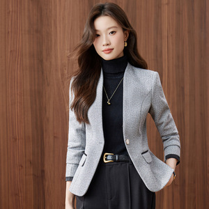 <b>Brown</b> <b>Wool</b> Blazer For Women Autumn Winter Solid Color Warm Woven Jacket Petite Fit - Product Image 4
