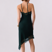 Gaun Midi Wanita Bahan Lembut Model Slip Tali Spageti Slim Fit Aksen Renda Asimetris Elegan untuk Acara Malam OEM Grosir