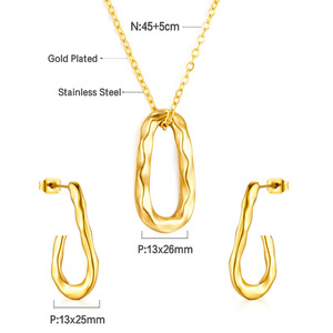 ชุดต่างหูและสร้อยคอสแตนเลสสีทองทรงเรขาคณิตสำหรับผู้หญิง ดีไซน์แบบกลวงไม่สมมาตร เครื่องประดับแฟชั่น - Product Image 4