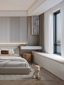 Meuble de rangement sur mesure pour <span class=keywords><strong>baie</strong></span> <span class=keywords><strong>vitrée</strong></span> <span class=keywords><strong>avec</strong></span> bureau flottant et éclairage LED pour chambre à coucher - Product Image 2