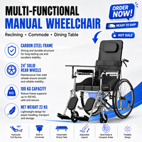 Fauteuil roulant léger entièrement inclinable et pliable en acier au carbone avec coussin en cuir, roues pleines de 24 pouces, frein à main, repose-jambes réglable, cuvette et table