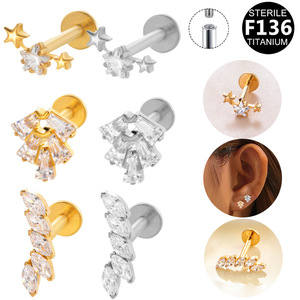 Joyería Corporal de Titanio y Circonio ASTM F136 para Piercing de Tragus, Hélix, Daith y Lóbulo, Forma de Estrella, 8MM, Parte Trasera Plana, Rosca Interna, Labret - Product Image 1
