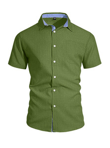 เสื้อเชิ้ตผ้าฝ้ายลินินแขนสั้นคอปกพับได้สำหรับผู้ชาย สไตล์ลำลอง ปักโลโก้ น้ำหนัก 160GSM เหมาะสำหรับใส่เที่ยวพักผ่อนหรือใส่เดินเล่นในเมือง - Product Image 5