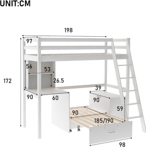 Cama Alta Individual de 3 Pies con Estantería y Cama Extraíble Retráctil, Directo de Fábrica, <span class=keywords><strong>Litera</strong></span> Alta con Escalera Inclinada - Product Image 6
