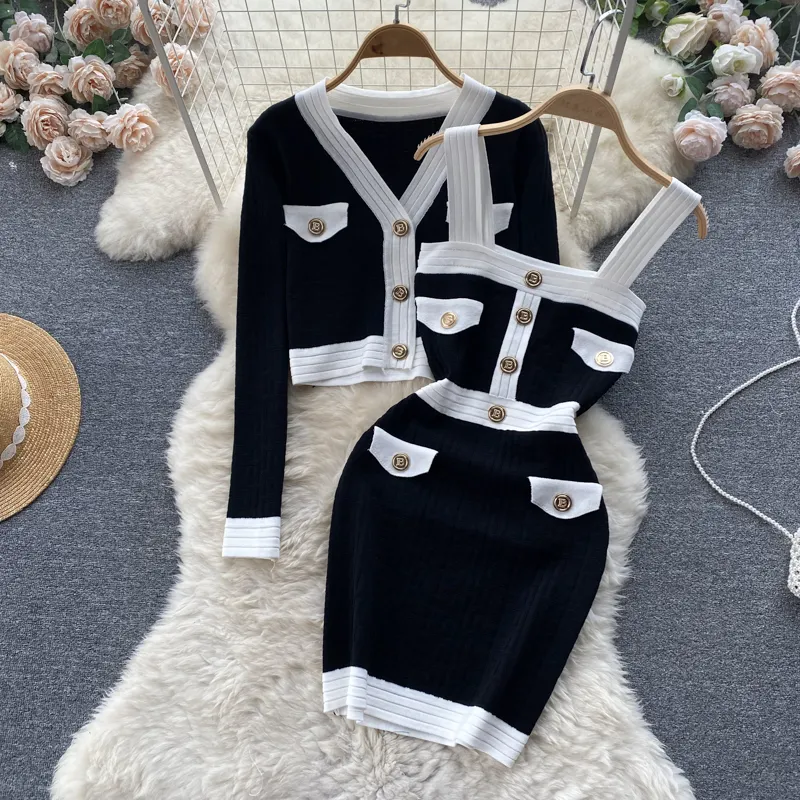 Autumn New Knitted Suit Women's Short Knitted Cardigan Coat Sling Dress Two-Piece Set Top and Dress Outfits