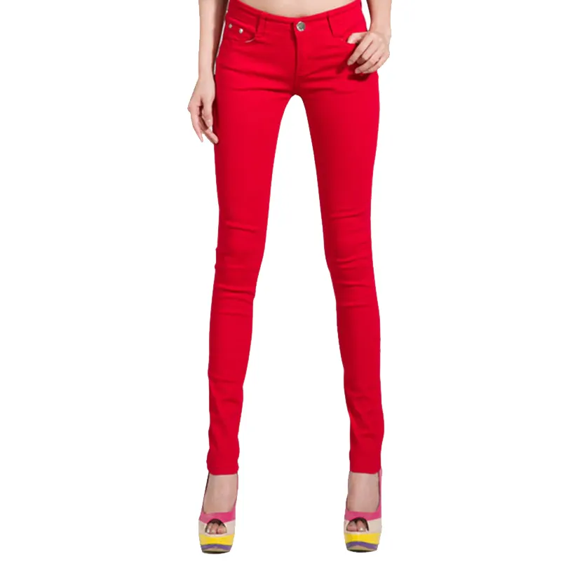 2021 נשים אלסטי עיפרון ג 'ינס מכנסיים סוכריות צבעוניות אמצע מותניים רוכסן Slim Fit סקיני מלא אורך מכנסיים