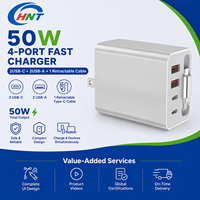 Chargeur mural rapide 50W 4 ports (2 USB-C, 2 USB-A) avec câble USB-C rétractable pour iPhone, Samsung, tablette - Compact - Vente en gros