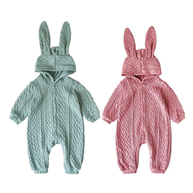 Newborn Hooded jumpsuit cute cartoon rabbit Baby Pajamas Knitting Sleepwear Onesie Plain Baby Rompers