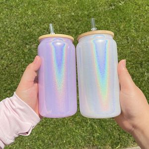 Vaso de Vidrio Sublimable de 16oz con Brillo Holográfico Blanco Arcoíris, con Tapas y Pajitas para Sublimación por Transferencia Térmica - Product Image 2