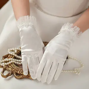 罗新新款缎面手套蝴蝶结短蕾丝花新娘象牙结婚配件新娘手套