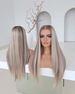 Parrucche con Frontale in Pizzo di <span class=keywords><strong>Capelli</strong></span> Umani per Donne, con Riflessi Grigio Cenere, Biondo e Marrone, Lisce, con Frontale in Pizzo Trasparente 13x4, Lunghezza 10-24 Pollici - Product Image 2