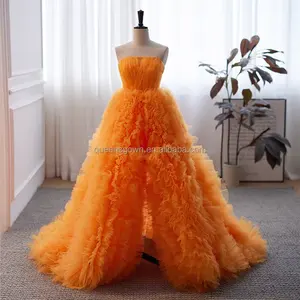 QUEENS GOWN orange off shoulder elegant prom dress fancy ruffles bubble evening gown