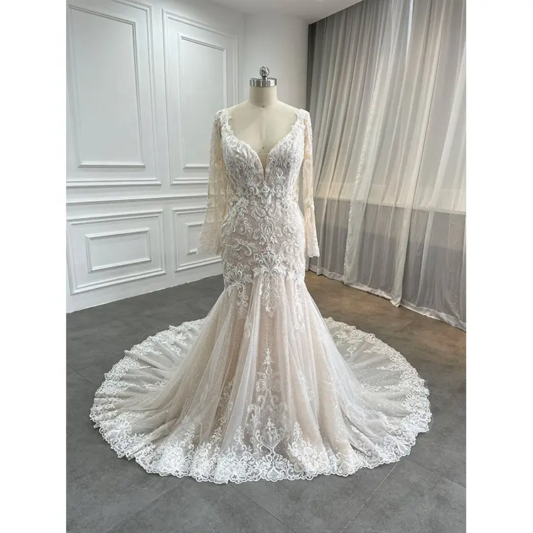 Wholesale Modest Long Sleeve Glitter Bridal Gown Plus Size Embroidered Lace Champagne Color Mermaid Wedding Dress for Women