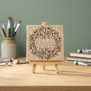 Impresión en Lienzo con Diseño Floral y Mini Caballete, 4.3x4.3 Pulgadas, Material de Lino, Diseño Negro para Pintar - Product Image 1