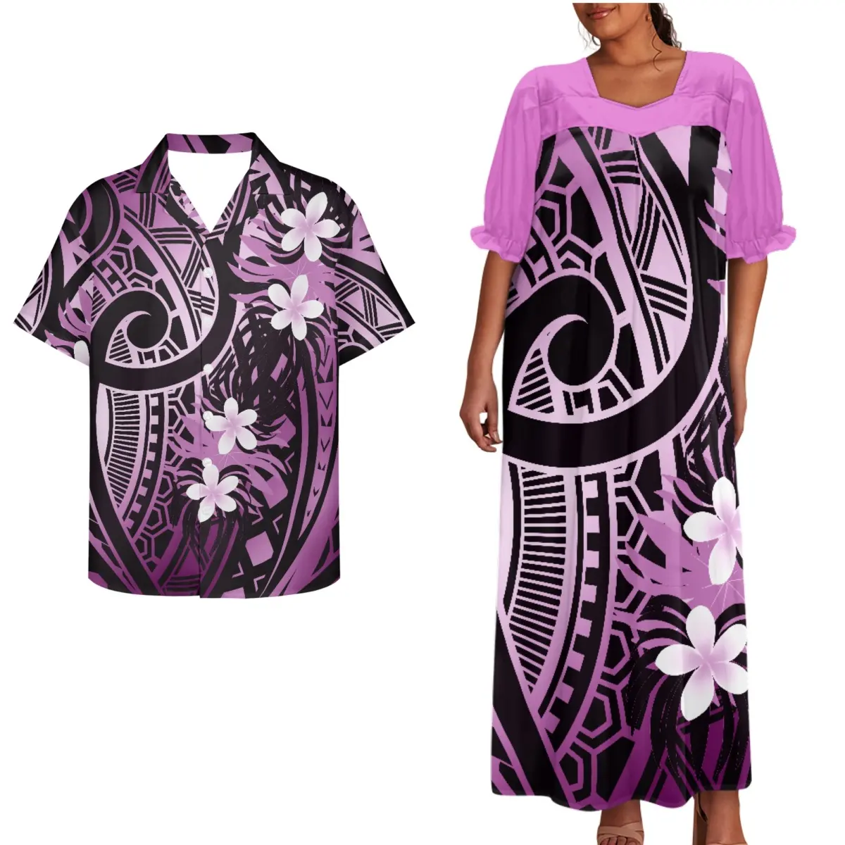 Polinezya çiftler giysi puf kollu elbise artı boyutu kadınlar kısa kollu elbise maç erkek gömleği baskı