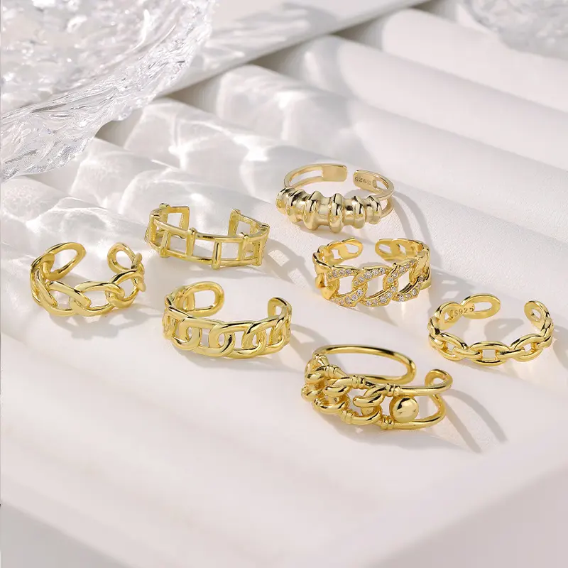 Gioielli eleganti alla moda in argento Sterling 925 placcato oro 18K catena cava intrecciata anelli aperti geometrici regolabili