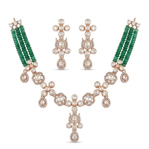 Traditional 925 Silver Elegant Green Beads <b>Necklace</b> Set with Kundan Work Pearl Drop Earring Indian Jewelry for Women Bridal Wear - Product Image 1