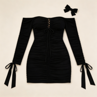 Robe Courte Moulante Femme 2026 à Manches Longues Évasées, Détail Volanté Croisé sur le Devant, Drapée, Naturelle, Sexy, pour Soirée Club, Printemps