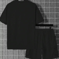Conjunto de camiseta y pantalones cortos de algodón negro para hombre, cuello redondo, manga corta, color sólido, transpirable.