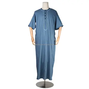 Newest Embroidered Moroccan Style Short Sleeve Musulmane Male Dress Kaftan Djellaba Jubbah Islamic Apparel For Muslim Festival