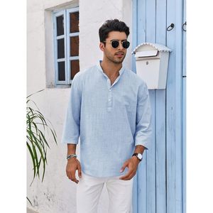 Camisetas lisas ligeras de manga corta informales para hombre, camiseta Henley de algodón 100%, camisetas de playa abotonadas - Product Image 3