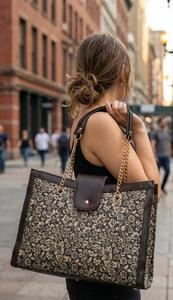 Sac à main structuré pour femme en cuir PU et tissu jacquard, motif géométrique vintage, beige mat et brun expresso foncé, avec fermeture à rabat - Product Image 3