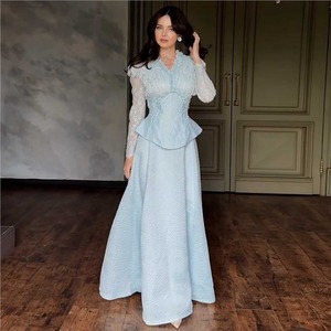 Women's Denim Two Piece Skirt Set Solid <b>Long</b> Sleeve V Neck Peplum Top Textured A-Line Maxi Skirt High Waist Vintage Leisure - Product Image 3