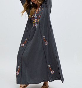 ชุดแม็กซี่เดรสคอวีแขนยาวสำหรับผู้หญิงชุดเดรส100% สไตล์กิโมโนผ้าคอตตอนปักลายดอกไม้ทรงหลวมลายดอกไม้สำหรับฤดูร้อนตามสั่ง - Product Image 5