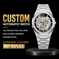 Montre automatique mécanique pour homme avec cadran squelette, logo personnalisé, aiguilles, résistance à l'eau 5 BAR, acier inoxydable
