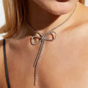 Moda yay püskül kolye takı toptan kadınlar Charm basit Rhinestone kolye klavikula zinciri