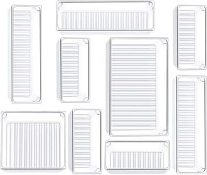 9 Piece Desk Drawer Organizer Trays,Drawer Organiser with 3-Size Clear Plastic Storage Boxes for Bedroom