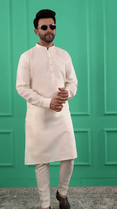Buy Cream Solid Dupion Silk Straight <b>Kurta</b> with <b>Pajamas</b> Elegant Ethnic Wear for Festive and Traditional Occasions For <b>Men's</b> - Product Image 5