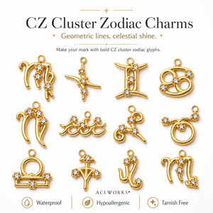 Amuletos del Zodiaco con Cristales de Circonia Cúbica |   Colgante de Acero Inoxidable con Baño de Oro PVD de 18K y Zirconia, Signo del Zodíaco, Venta al por Mayor a Granel |   Resistente al agua y sin deslustre - Product Image 1