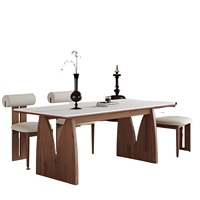 Ensemble table et chaises de salle à manger en bois massif rétro, plateau en pierre de quartz, design rectangulaire moderne minimaliste vintage de style français