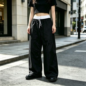 Pantalon large noir à cordon de serrage, taille élastique, style décontracté oversize pour femme - Product Image 1