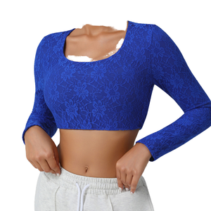Sexy Lace Casual Sports Breathable Lightweight Cropped <b>Square</b>-<b>neck</b> Nude Yoga Wear <b>Long</b>-<b>sleeved</b> T-shirts Pilates Outdoor Front - Product Image 1