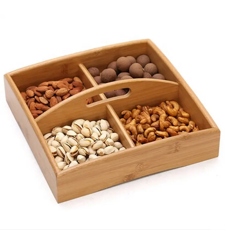 Bamboo Tray For Nuts and Candies Wooden Snack Tray With Handle