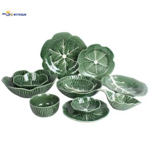 Vaisselle en céramique jetable à motif de choux verts, vente en gros directe <span class=keywords><strong>d</strong></span>'usine à <span class=keywords><strong>prix</strong></span> abordable, ensemble de 4 pièces : assiettes et bols en forme de pétales - Product Image 2