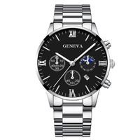Montre d'affaires pour homme avec boîtier en alliage, bracelet à aiguilles, calendrier à trois trous, chiffres romains, mouvement à quartz, collier, bracelet et bague assortis