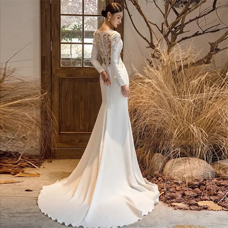 Satin Light Wedding Dress Long Sleeve Slim Fishtail Slim Temperament Lace French Hepburn Wedding Dress For Women robe marriage