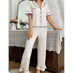 Ingrosso primavera ed estate nuovo stile pigiama donna Set pigiami con bottone risvolto a manica corta pantaloni lunghi in due pezzi per la <span class=keywords><strong>casa</strong></span> <span class=keywords><strong>vestiti</strong></span> - Product Image 6