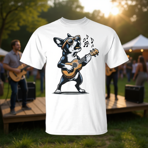Camiseta premium con estampado de perro Boston Terrier tocando la guitarra y cantando, colección de pinturas de animales - Product Image 3