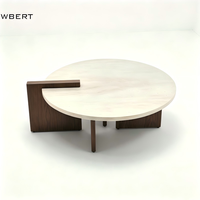 Table basse WBERT moderne Wabi Sabi en travertin naturel avec base en bois de chêne, table centrale ronde en marbre, meubles de salon