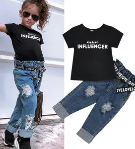 Y107139 От 1 до 6 лет, летние комплекты одежды для маленьких девочек, топы с буквенным принтом, футболка, джинсовые штаны, джинсовая одежда