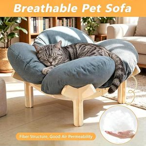 Lit pour chat en forme de pétale, canapé-lit rond en bois massif pour animaux de compagnie, confortable, pour toutes les saisons, avec rembourrage en fibre de polyester - Product Image 2