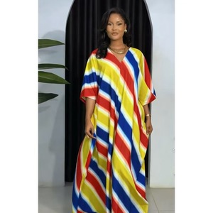 2026 Women's Africa Kafotan Red <strong>Blue</strong> <strong>White</strong> Diagonal <strong>Stripe</strong> Printed <strong>Dress</strong> Loose V-neck Bat Sleeve Short Sleeve <strong>Dress</strong> - Product Image 3