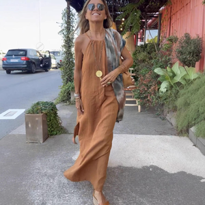 Robe longue d'été pour femme en coton et lin, sans manches, couleur unie, col rond, taille naturelle, simple, décontractée pour les vacances - Product Image 2