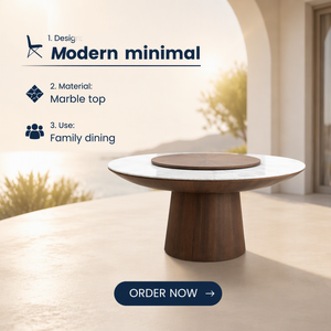 Tavolo da Pranzo Moderno Minimalista Personalizzabile con Piano in Marmo Rotondo e Base in Legno Massello con Piedistallo Girevole in <span class=keywords><strong>Noce</strong></span> Naturale - Product Image 1